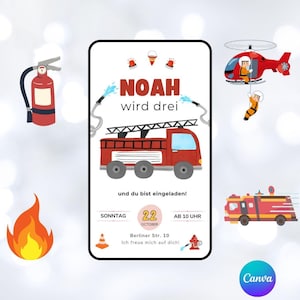 Invito digitale per il compleanno dei bambini, modello di cartolina elettronica, biglietto di auguri personalizzabile per i vigili del fuoco, autopompa, pompiere