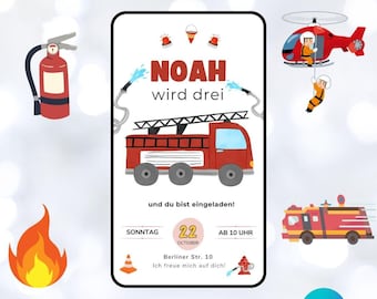 Invito digitale per il compleanno dei bambini, modello di cartolina elettronica, biglietto di auguri personalizzabile per i vigili del fuoco, autopompa, pompiere