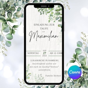 Invitation numérique au baptême via WharsApp, modèle de carte électronique, invitation au baptême avec carte d'invitation personnalisée au baptême d'eucalyptus