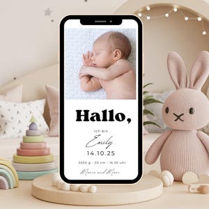 Anuncio de nacimiento digital minimalista: plantilla Canva para niño y niña, tarjeta electrónica para WhatsApp