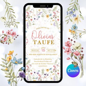 Digitale Einladung zur Taufe per WharsApp, E-Card Vorlage, Taufeinladung mit Blumen Taufe Mädchen personalisierte Einladungskarte