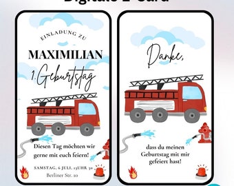 Invito di compleanno digitale, modello di cartolina elettronica, biglietto di compleanno personalizzabile per i vigili del fuoco, biglietti d'invito per l'autopompa, vigile del fuoco