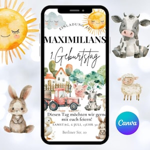 Invitation d'anniversaire numérique via WharsApp, modèle de carte électronique, fille et garçon d'animaux de ferme