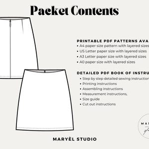 K&ouml;nnte beinhalten: Ein digitales Schnittmuster mit dem Text &bdquo;Packet Contents&ldquo; und einer Skizze eines Rocks. Der Text listet druckbare PDF-Muster in den Formaten A4, US Letter, A3 und A0 sowie detaillierte Anweisungen auf.