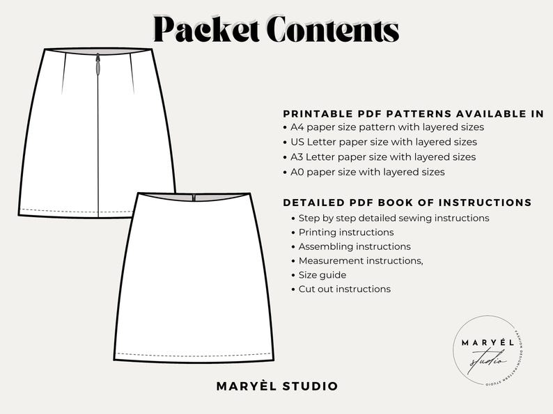K&ouml;nnte beinhalten: Ein digitales Schnittmuster mit dem Text &bdquo;Packet Contents&ldquo; und einer Skizze eines Rocks. Der Text listet druckbare PDF-Muster in den Formaten A4, US Letter, A3 und A0 sowie detaillierte Anweisungen auf.