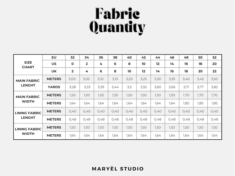 May include: Fabric quantity chart with size conversions, including EU, US, and UK sizes. The chart provides fabric length and width measurements in meters and yards. The chart also includes lining fabric measurements. The text "Fabric Quantity" is at the top.