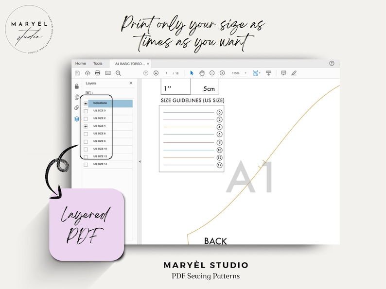 May include: A computer screen displaying a layered PDF sewing pattern for a basic torso. The pattern includes size guidelines in inches and centimeters, and a back view of the pattern is labeled "A1". The text "Print only your size as times as you want" is displayed at the top of the screen.