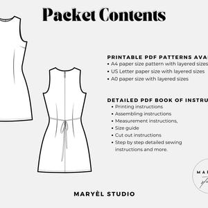 May include: Line drawings of a sleeveless dress, front and back views, with a tie waist. Text reads "Packet Contents" and lists PDF pattern details, including A4 and US Letter sizes, and a detailed instruction book.