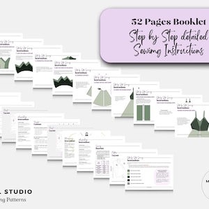 May include: A collection of open booklets with sewing instructions. The text on the top reads "52 Pages Booklet Step by Step detailed Sewing Instructions". The booklets feature diagrams and illustrations of garment patterns. The bottom text reads "MARY&Egrave;L STUDIO PDF Sewing Patterns".
