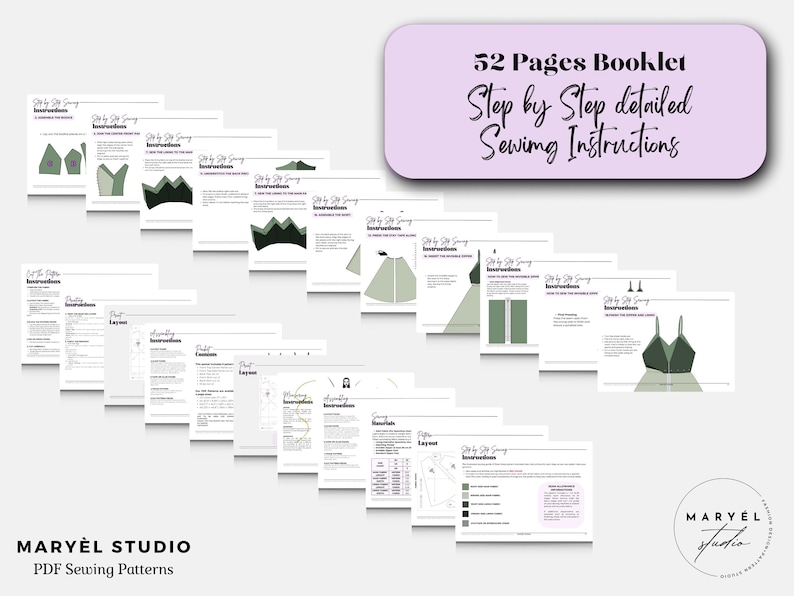 May include: A collection of open booklets with sewing instructions. The text on the top reads "52 Pages Booklet Step by Step detailed Sewing Instructions". The booklets feature diagrams and illustrations of garment patterns. The bottom text reads "MARY&Egrave;L STUDIO PDF Sewing Patterns".