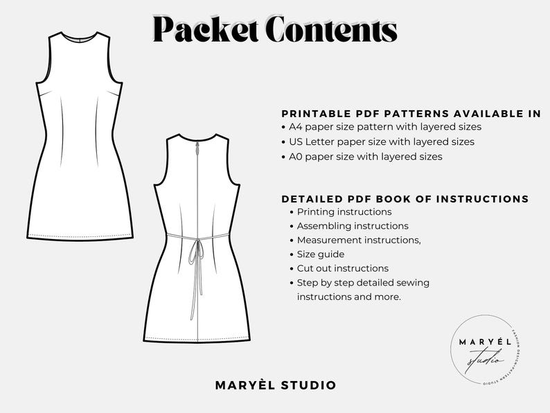 May include: A digital sewing pattern packet by Mary&egrave;l Studio featuring a sleeveless dress illustration. Text includes Packet Contents, Printable PDF Patterns in A4, US Letter, and A0 sizes, and a detailed PDF book of instructions for printing, assembling, and sewing.