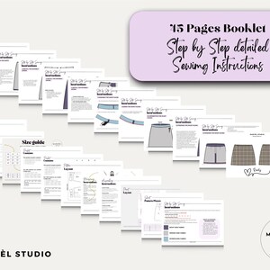 Op de afbeelding: Een boekje van 15 pagina's met gedetailleerde naaiaanwijzingen. De witte pagina's bevatten zwarte tekst en illustraties die laten zien hoe je een rok naait. Een lichtpaarse banner bovenaan toont "15 Pages Booklet Step by Step detailed Sewing Instructions". De merknaam "MARY&Egrave;L STUDIO" staat onderaan.