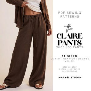 Cartamodello per pantaloni di lino a gamba larga, facili da cucire per la primavera e l'estate, con elastico in vita, ideali per principianti, download digitale in formato PDF, taglie US 0-20.