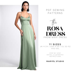 Peut inclure: Une femme porte une robe longue vert sauge à fines bretelles. La robe est une robe longue de bal. Le texte sur l'image indique "The Rosa Dress" et "PDF Sewing Patterns". L'image comprend également des informations sur les tailles.