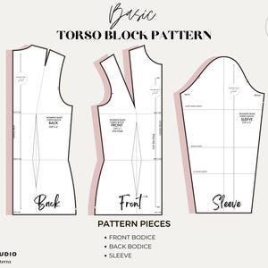 Puede incluir: Un diagrama que muestra las piezas del patr&oacute;n para un patr&oacute;n b&aacute;sico de bloque de torso. El patr&oacute;n incluye un corpi&ntilde;o delantero, un corpi&ntilde;o trasero y una manga. Las piezas del patr&oacute;n est&aacute;n etiquetadas con las palabras "Delantero", "Trasero" y "Manga".