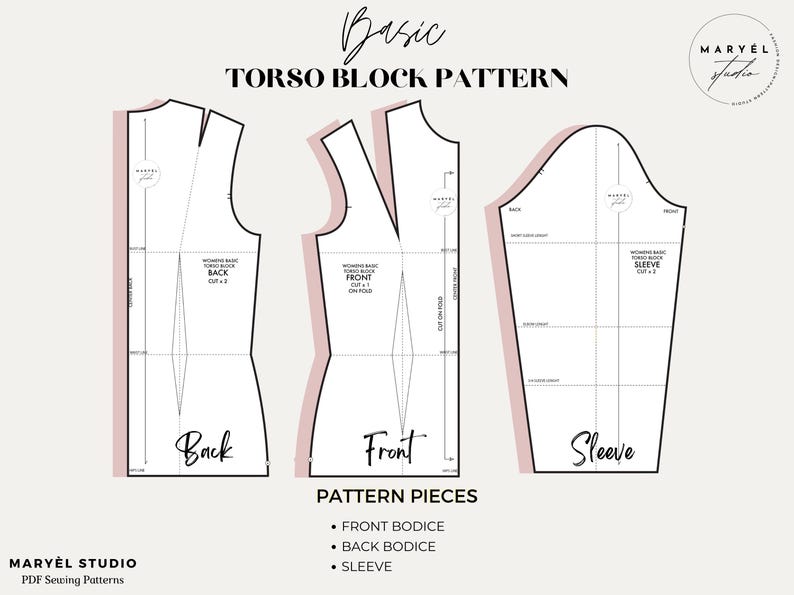 Puede incluir: Un diagrama que muestra las piezas del patr&oacute;n para un patr&oacute;n b&aacute;sico de bloque de torso. El patr&oacute;n incluye un corpi&ntilde;o delantero, un corpi&ntilde;o trasero y una manga. Las piezas del patr&oacute;n est&aacute;n etiquetadas con las palabras "Delantero", "Trasero" y "Manga".