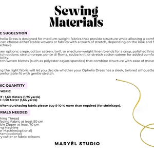 May include: A sewing materials guide with the title "Sewing Materials". The guide provides fabric suggestions, fabric quantity in metres, and a list of needed materials, including thread and a sewing machine.