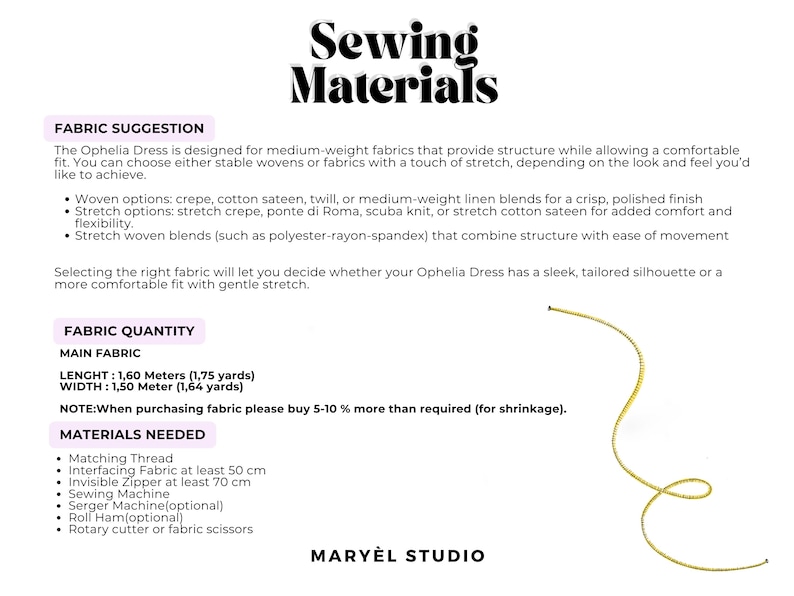 May include: A sewing materials guide with the title "Sewing Materials". The guide provides fabric suggestions, fabric quantity in metres, and a list of needed materials, including thread and a sewing machine.