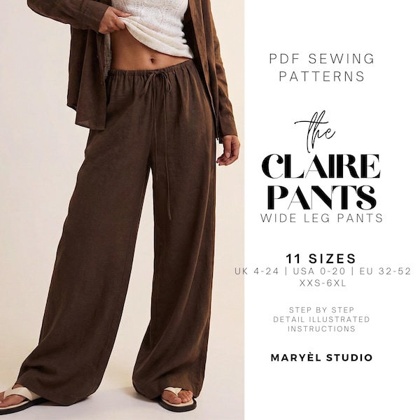 Wide Leg Linen Pants Pdf Sewing Pattern, Beginner Palazzo Trousers, Summer Pants, US 0-20