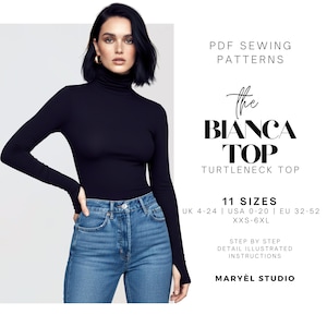 Rollkragen Stretch Top Schnittmuster | Mock Neck Top | Daumenloch Ärmel | UNS 0-20 | EU 32-52 | PDF Digitaler Download