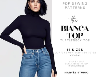 Turtleneck Stretch Top Sewing Pattern| Mock Neck Top| Thumbhole Sleeves| US 0-20| EU 32-52 | PDF Digital Download