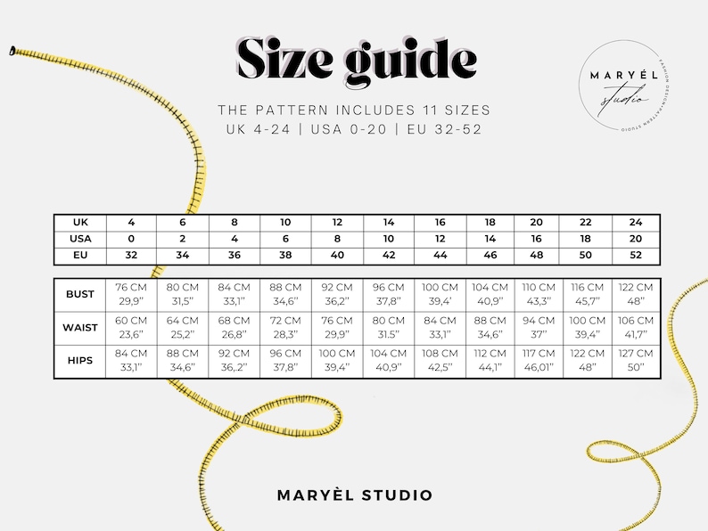 Puede incluir: Una tabla de gu&iacute;a de tallas para patrones de costura de Maryel Studio, con tallas UK 4-24, USA 0-20 y EU 32-52. La tabla detalla medidas de busto, cintura y cadera en cent&iacute;metros y pulgadas, decorada con una cinta m&eacute;trica amarilla en el fondo.
