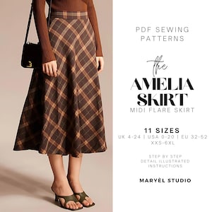 Peut inclure: Une jupe midi évasée à carreaux marron avec une taille haute. La jupe est associée à un haut marron à manches longues et à des sandales vertes. L'image comprend également le texte "The Amelia Skirt" et "PDF Sewing Patterns".
