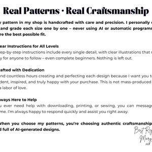 May include: A white informational graphic with black text titled Real Patterns Real Craftsmanship. It details a commitment to handcrafted sewing patterns, step-by-step instructions, dedicated design, customer support, and authentic craftsmanship.
