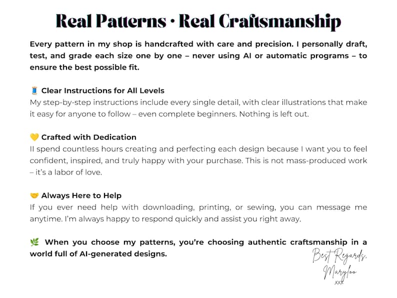 May include: A white informational graphic with black text titled Real Patterns Real Craftsmanship. It details a commitment to handcrafted sewing patterns, step-by-step instructions, dedicated design, customer support, and authentic craftsmanship.