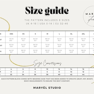 May include: A size guide chart with measurements in centimeters and inches for bust, waist, and hips. The chart includes size conversions for UK, USA, and EU sizes, with the text "Size guide" at the top.