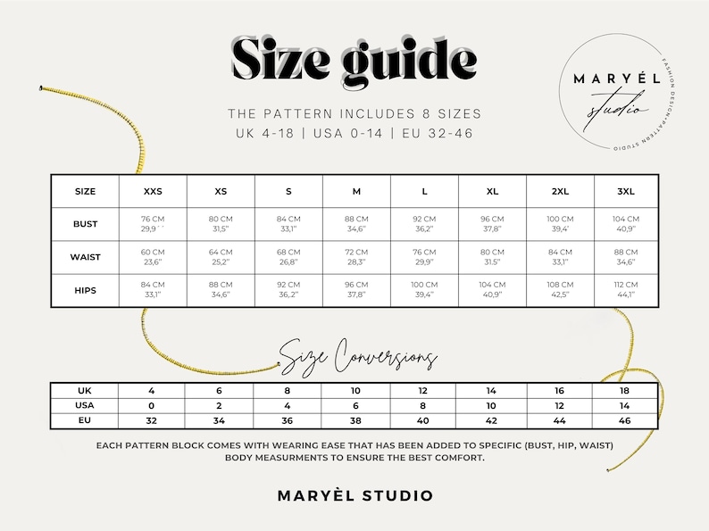 May include: A size guide chart with measurements in centimeters and inches for bust, waist, and hips. The chart includes size conversions for UK, USA, and EU sizes, with the text "Size guide" at the top.