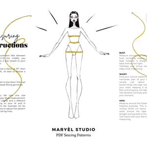 Peut inclure: Une illustration en noir et blanc d'une femme avec un ruban &agrave; mesurer autour de sa poitrine, de sa taille et de ses hanches. L'image comprend du texte avec des instructions sur la fa&ccedil;on de prendre des mesures pour les patrons de couture. Le texte comprend les mots "Instructions de mesure", "Avis", "Rappelez-vous", "Important", "Buste", "Taille" et "Hanches".
