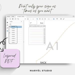 May include: A digital sewing pattern interface showing a layered PDF file with a size selection menu for US sizes 0 through 14. The screen displays a scale reference with 1 inch and 5 cm markers, a back pattern piece labeled A1, and text reading Print only your size as times as you want.