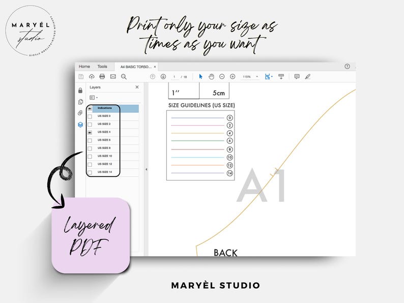 May include: A digital sewing pattern interface showing a layered PDF file with a size selection menu for US sizes 0 through 14. The screen displays a scale reference with 1 inch and 5 cm markers, a back pattern piece labeled A1, and text reading Print only your size as times as you want.