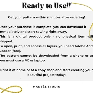 K&ouml;nnte beinhalten: Eine wei&szlig;e Grafik mit dem Text "Ready to Use!!" und Anweisungen zum Herunterladen und Drucken eines digitalen Schnittmusters. Der Text enth&auml;lt Informationen zu Adobe Acrobat Reader und zur Verwendung eines PCs oder Laptops. Ein goldenes Dekorationselement umrahmt den Text.