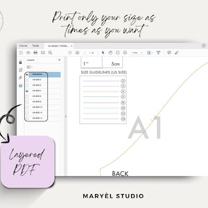 May include: A digital sewing pattern displayed on a computer screen, showing size guidelines in inches and centimeters. The text "Print only your size as times as you want" is visible. The image also includes the text "Layered PDF" and the Mary&egrave;l Studio logo.