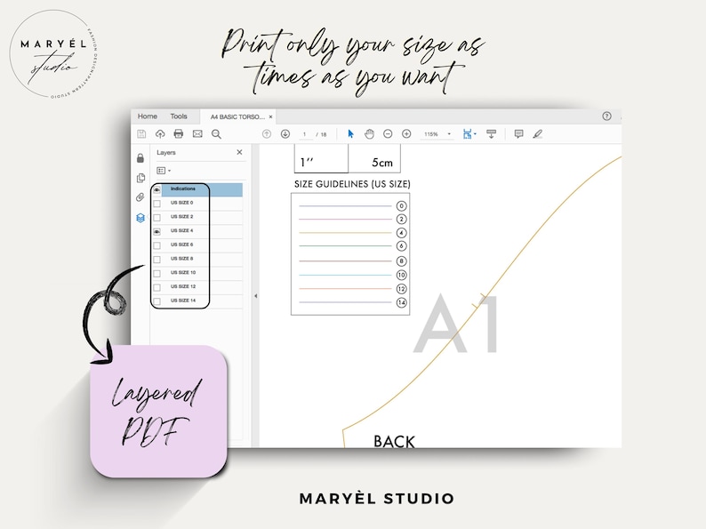 May include: A digital sewing pattern displayed on a computer screen, showing size guidelines in inches and centimeters. The text "Print only your size as times as you want" is visible. The image also includes the text "Layered PDF" and the Mary&egrave;l Studio logo.