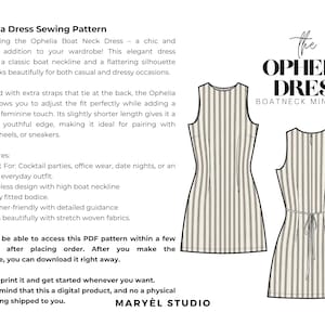 May include: A digital sewing pattern for the Ophelia Dress, a sleeveless mini dress with a boat neckline and back tie straps. The illustration shows front and back views of a striped dress. Text includes Ophelia Dress Sewing Pattern and Maryel Studio.