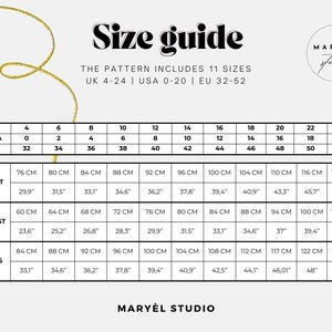 May include: A size guide chart for sewing patterns by Maryel Studio. The table displays 11 sizes with UK 4-24, USA 0-20, and EU 32-52. It lists bust, waist, and hip measurements in both centimeters and inches, accompanied by a gold measuring tape graphic.