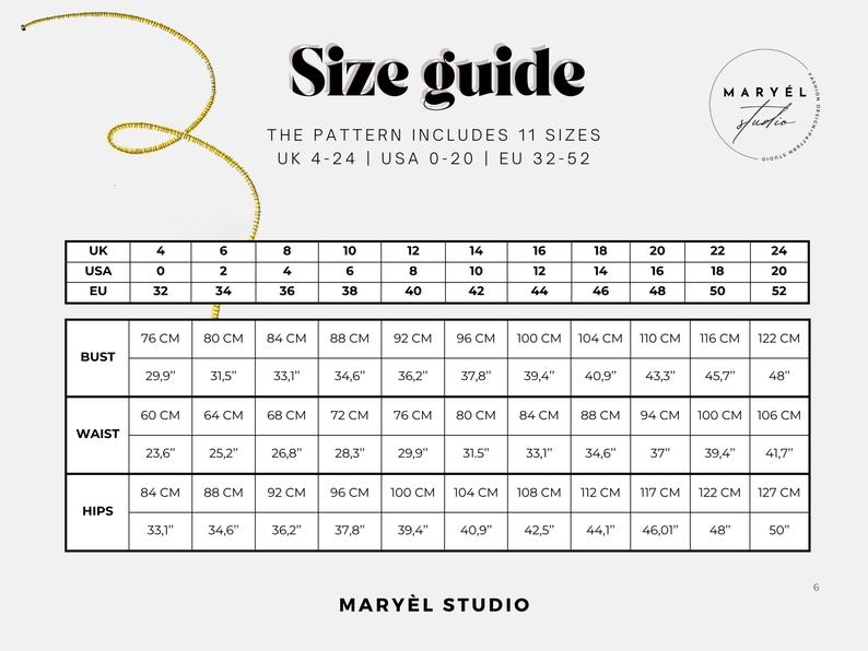 May include: A size guide chart for sewing patterns by Maryel Studio. The table displays 11 sizes with UK 4-24, USA 0-20, and EU 32-52. It lists bust, waist, and hip measurements in both centimeters and inches, accompanied by a gold measuring tape graphic.