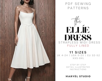 Molde em PDF para costura de vestido midi tomara que caia com corpete, modelo com cintura basca, estilo bustiê, ideal para iniciantes, tamanhos EUA 0-20.