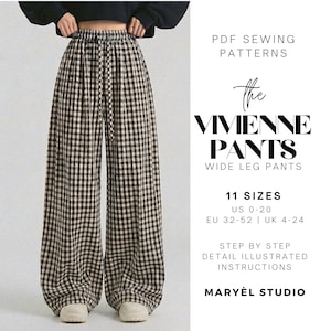 May include: PDF sewing pattern for The Vivienne Pants, wide leg trousers with a black and white gingham check pattern, an elasticated drawstring waist, and 11 sizes ranging from US 0-20, EU 32-52, and UK 4-24, including step-by-step illustrated instructions.