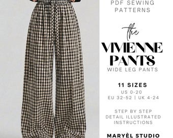 Schnittmuster für eine weite Hose (PDF), einfache Damenhose, Palazzo-Hose mit Gummibund, anfängerfreundlich, US-Größen 0-20