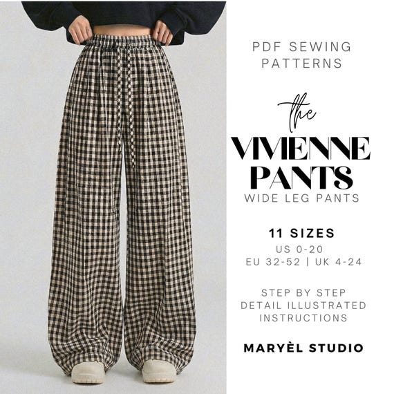 Wide Leg Pants Pdf Sewing Pattern, Easy Women Pants, Palazzo Pants with Elastic Waist, Beginner Sewing Pattern|  US 0-20