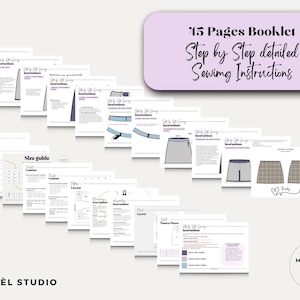 K&ouml;nnte beinhalten: Ein 15-seitiges Heft mit Schritt-f&uuml;r-Schritt-N&auml;hanleitungen. Die Seiten sind wei&szlig; mit schwarzem Text und Illustrationen, einschlie&szlig;lich Gr&ouml;&szlig;entabellen und Diagrammen. Das Heft ist f&uuml;r ein Rockmuster. Der Text "Step by Step detailed Sewing Instructions" wird auf einem lila Hintergrund angezeigt.