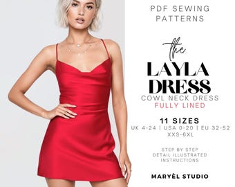 Cowl Neck Mini  Slip Dress Sewing Pattern| Backless Dress| US 0-20| PDF Digital Instant Download