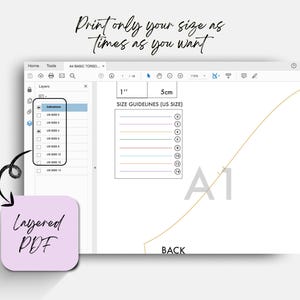 May include: A digital design displayed on a computer screen, featuring size guidelines in inches and centimeters. The text "Print only your size as times as you want" is at the top. A pink sticky note reads "Layered PDF".