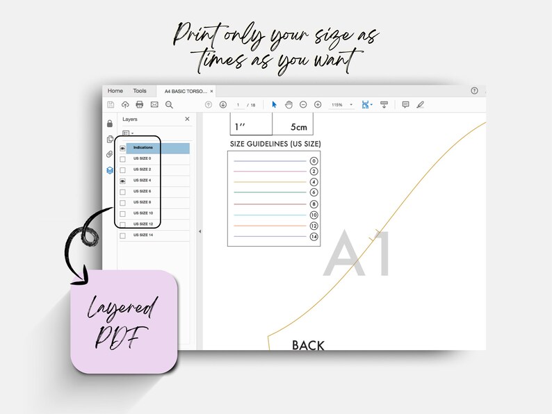 May include: A digital design displayed on a computer screen, featuring size guidelines in inches and centimeters. The text "Print only your size as times as you want" is at the top. A pink sticky note reads "Layered PDF".