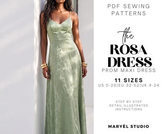 Maxi Prom Dress Sewing Pattern| Formal Maxi Dress Pattern| Bridesmaid Satin Gown Dress Pattern | Sewing Tutorial| US 0-20