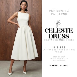 Boat Neck Midi Prom Dress Pdf Sewing Pattern with Cirkle Skirt, Easy Dress Pattern, Beginners Dress Pattern, US 0-20